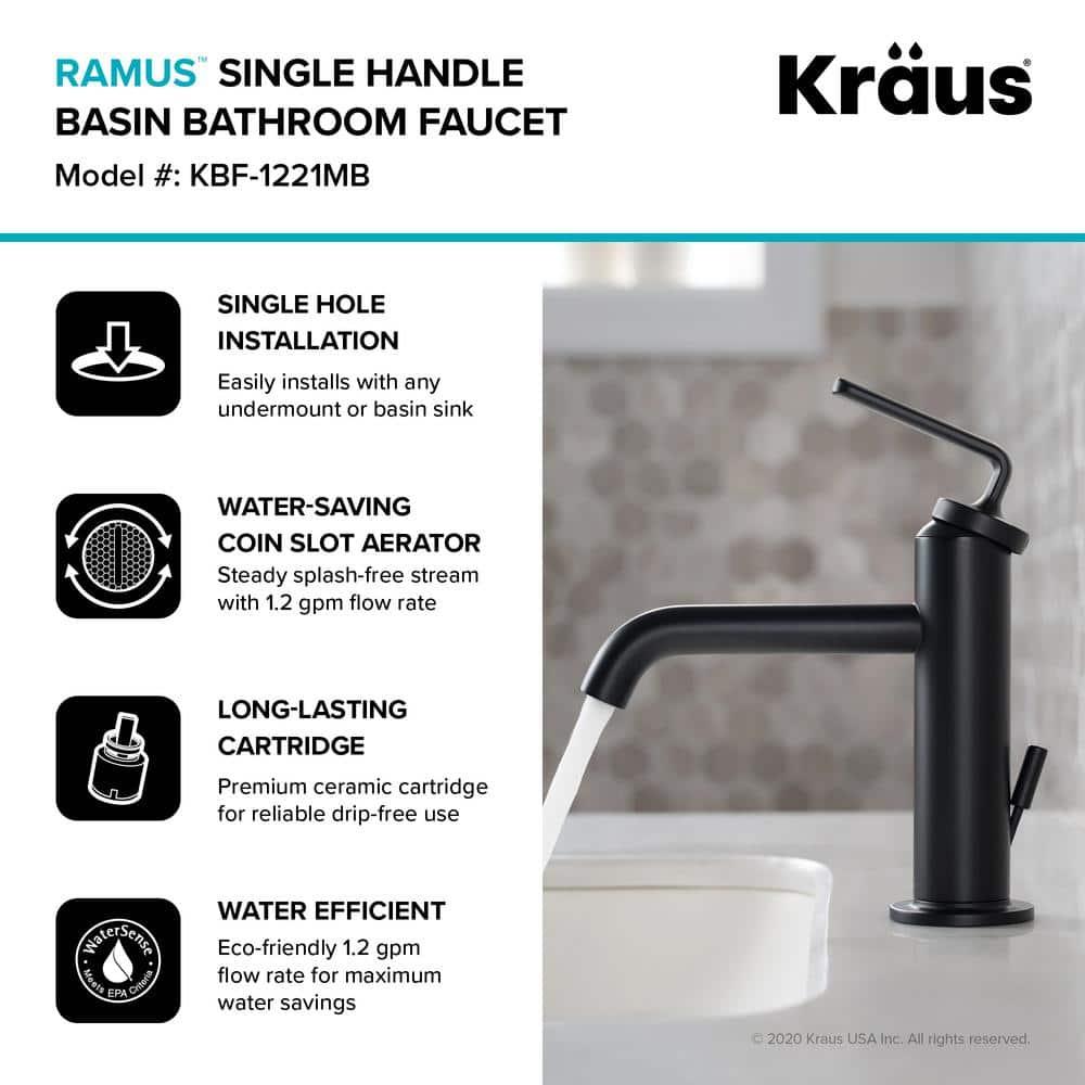 KRAUS Ramus Single Handle Bathroom Sink Faucet with Lift Rod Drain