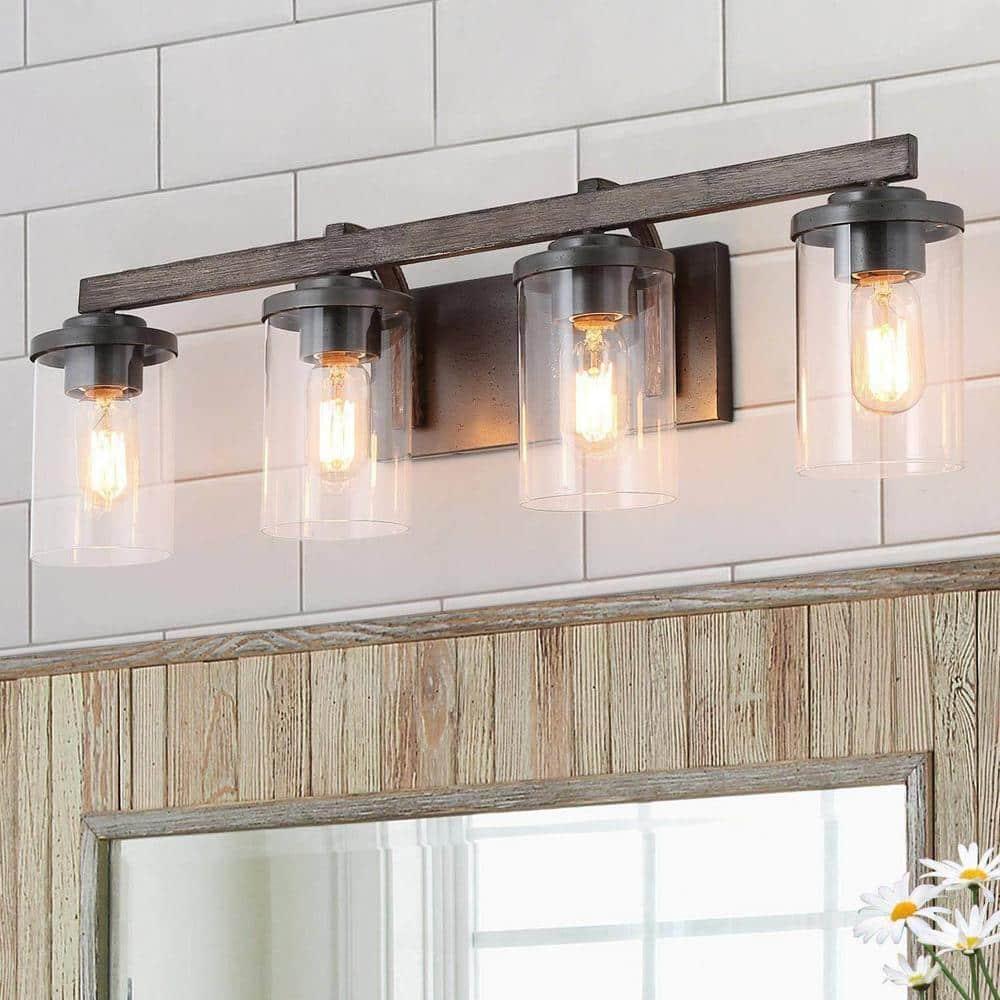 LNC Rustic Industrial Faux Wood 4-Light Black Finish Wall Fixture for Bathroom Glass Shades 4 Count