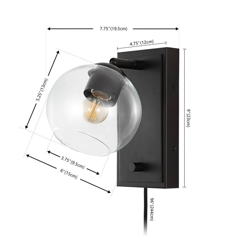 Hugo 6" 1-Light Minimalist Modern Plug-In or Hardwired Adjustable Iron LED Wall Sconce with Rotary Dimmer, Oil Rubbed Bronze with Clear Globe