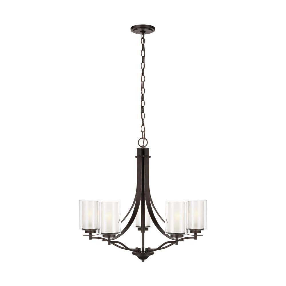 Elmwood Park 5-Light Bronze Modern Transitional Hanging Candlestick Chandelier with Satin Etched Glass Shades