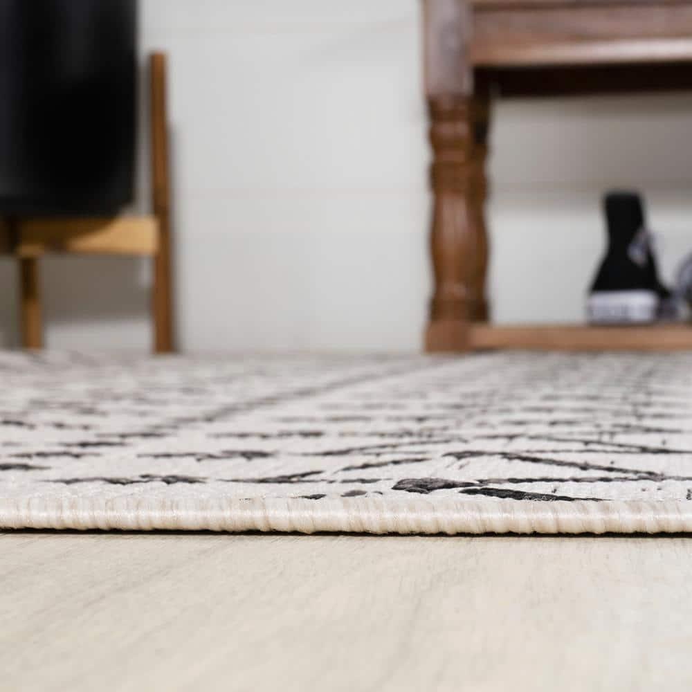 5' x 5' Ourika Moroccan Geometric Textured Weave Indoor/Outdoor Area Rug, Cream/Black - JONATHAN Y