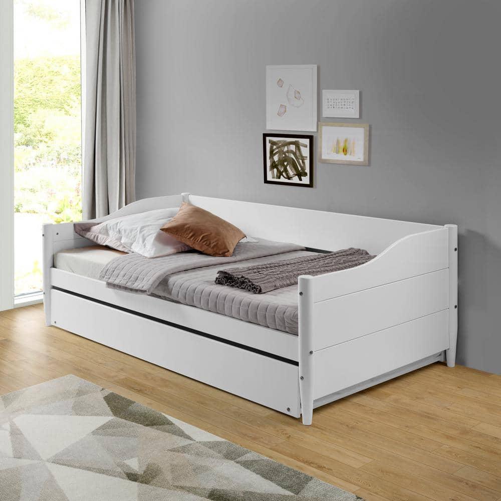 Mid Century Classic Twin Size Day Bed with Trundle White Finish