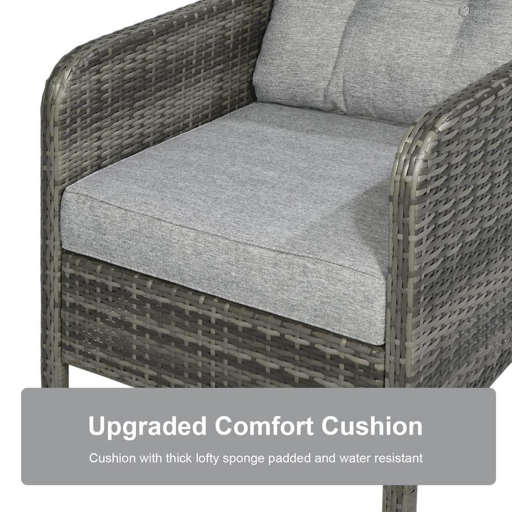 Outsunny 5 Pieces Rattan Wicker Lounge Chair Outdoor Patio Conversation Set with 2 Cushioned Chairs, 2 Ottomans & Glass Coffee Table, Gray