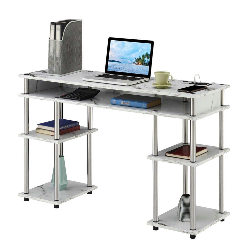 Adult, Designs2Go No Tools 30 in. Tall Student Desk w/ Charging Station & Shelves, White Faux Marble