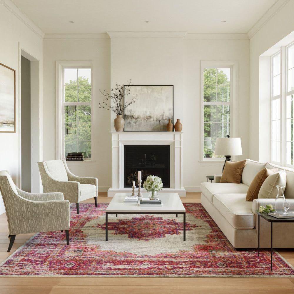 Nourison Passion Medallion Bohemian Indoor Rug Ivory/Fuchsia 8' x 10'