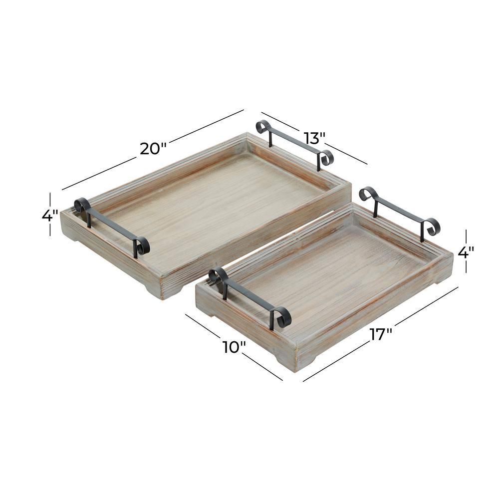 DecMode 20", 17"W Beige Wood  Tray with Metal Handles, 2-Pieces