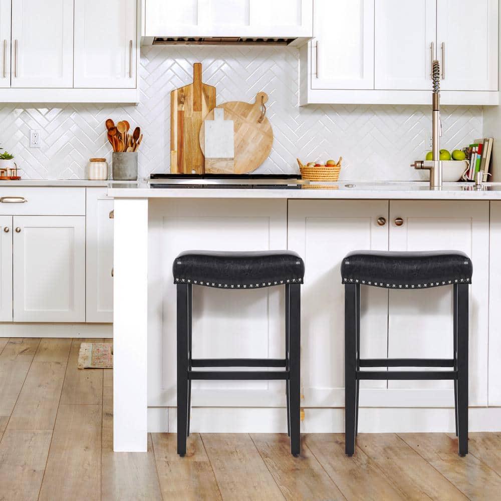 Westin Outdoor Yazan 29" Upholstered Counter Stool with Nail Head Trim (Set of 2), Black/Leather