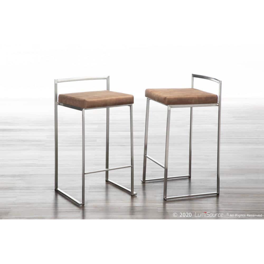 LumiSource Set of 2 26" Fuji Contemporary Stackable Counter Height Barstool Stainless Steel with Brown Cowboy Fabric Cushion: Upholstered