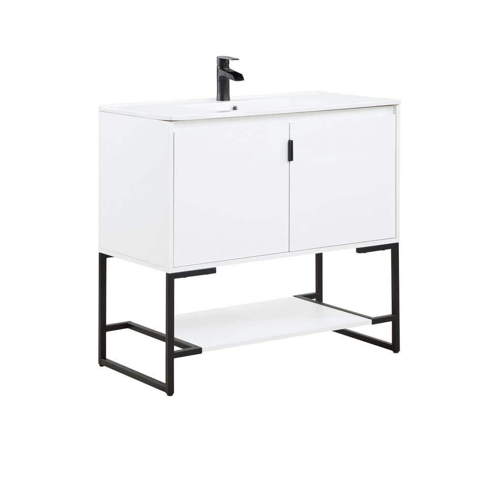36" Scarsdale Bathroom Vanity Sink White - Manhattan Comfort: Ceramic Surface, Wood Frame, Single Basin