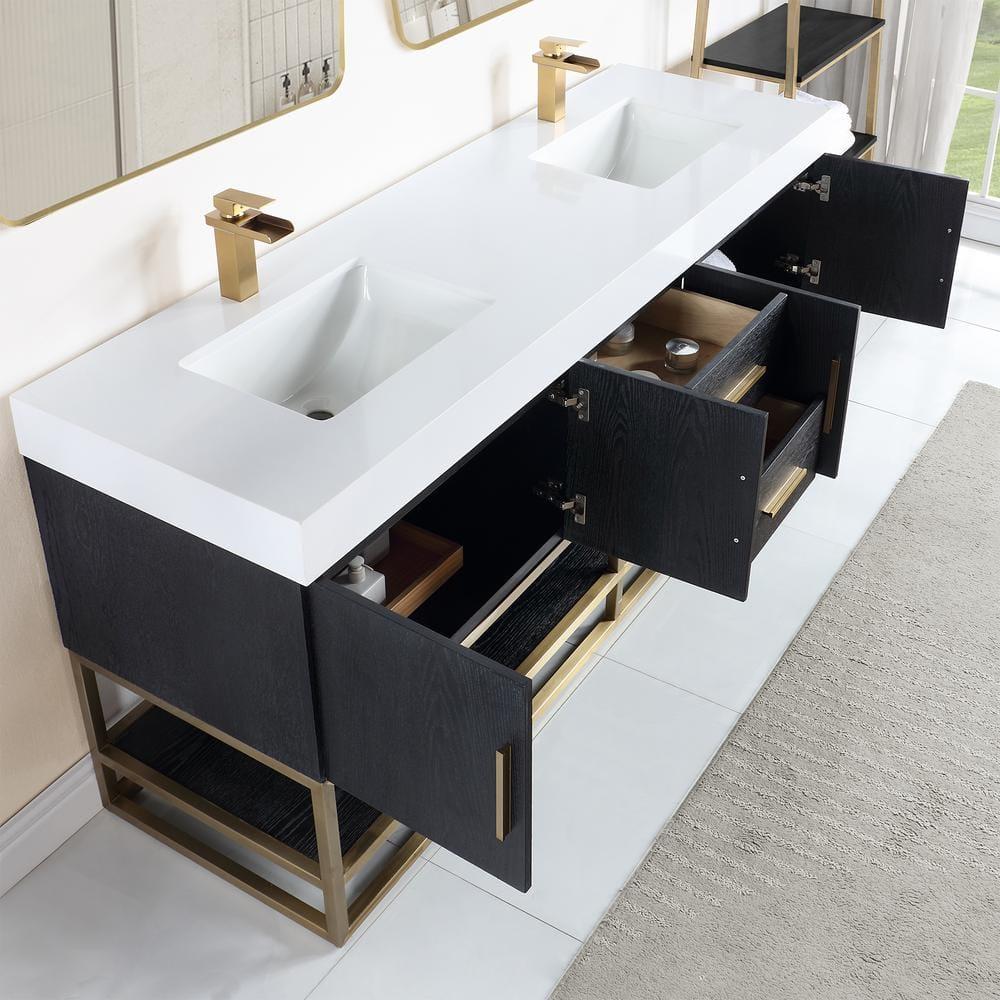 Altair Tocador de 4 Puertas de Madera y Piedra Compuesta de Diseño Bianco en Roble Negro/blanco