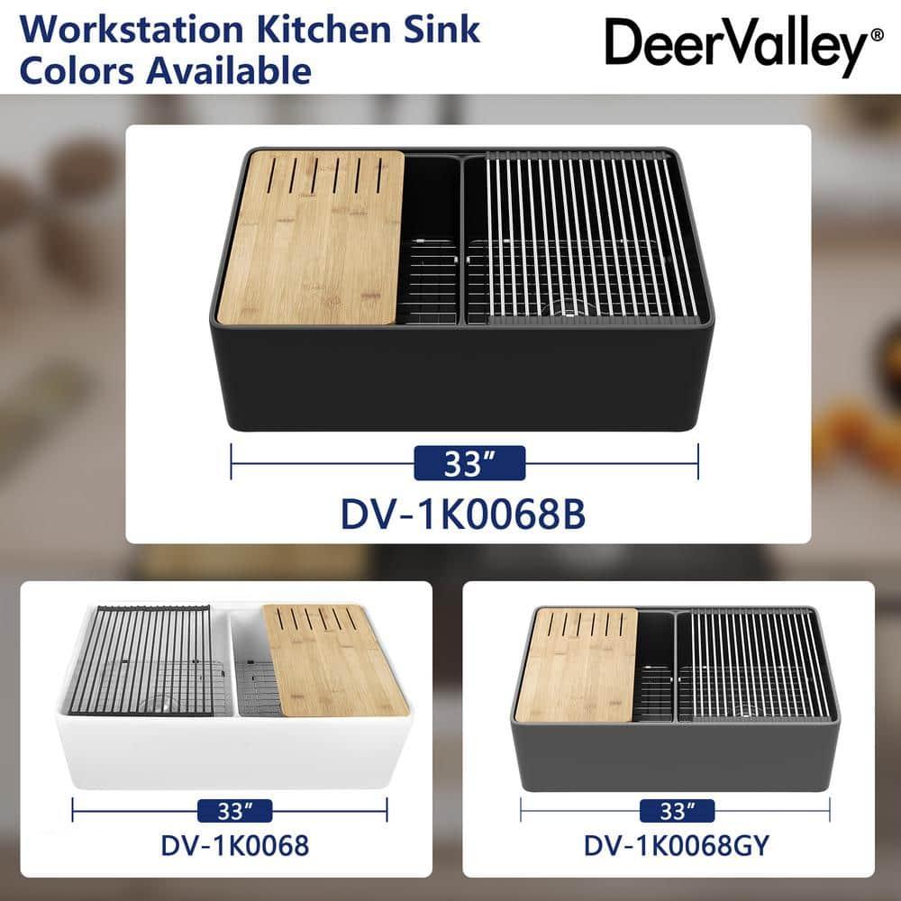 DeerValley 33" L X 20" W Double Basin Workstation Farmhouse Kitchen Sink With Sink Grid, Cutting Board And Dish-Drying Rack