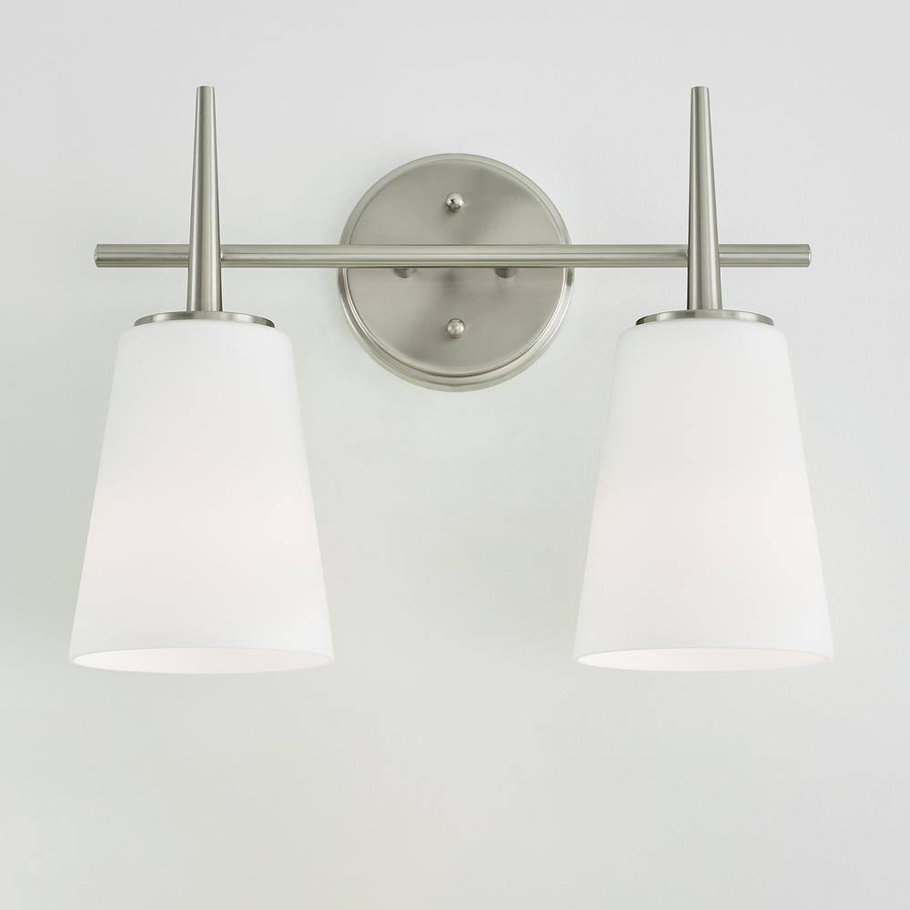 Driscoll 15.5 in. 2-Light Contemporary Modern Brushed Nickel Wall Bathroom Vanity Light with Etched White Glass Shades