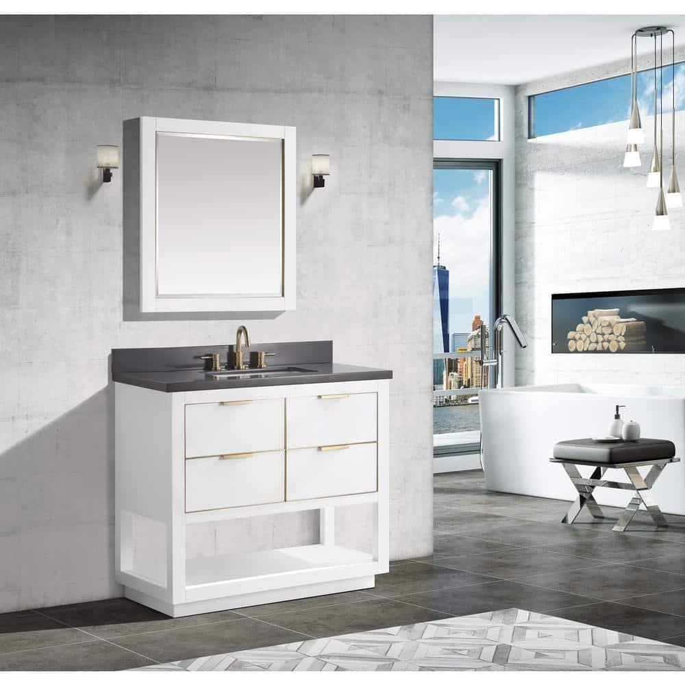 Allie 37" White and Gold Trim Single Bathroom Vanity with Gray Quartz Top