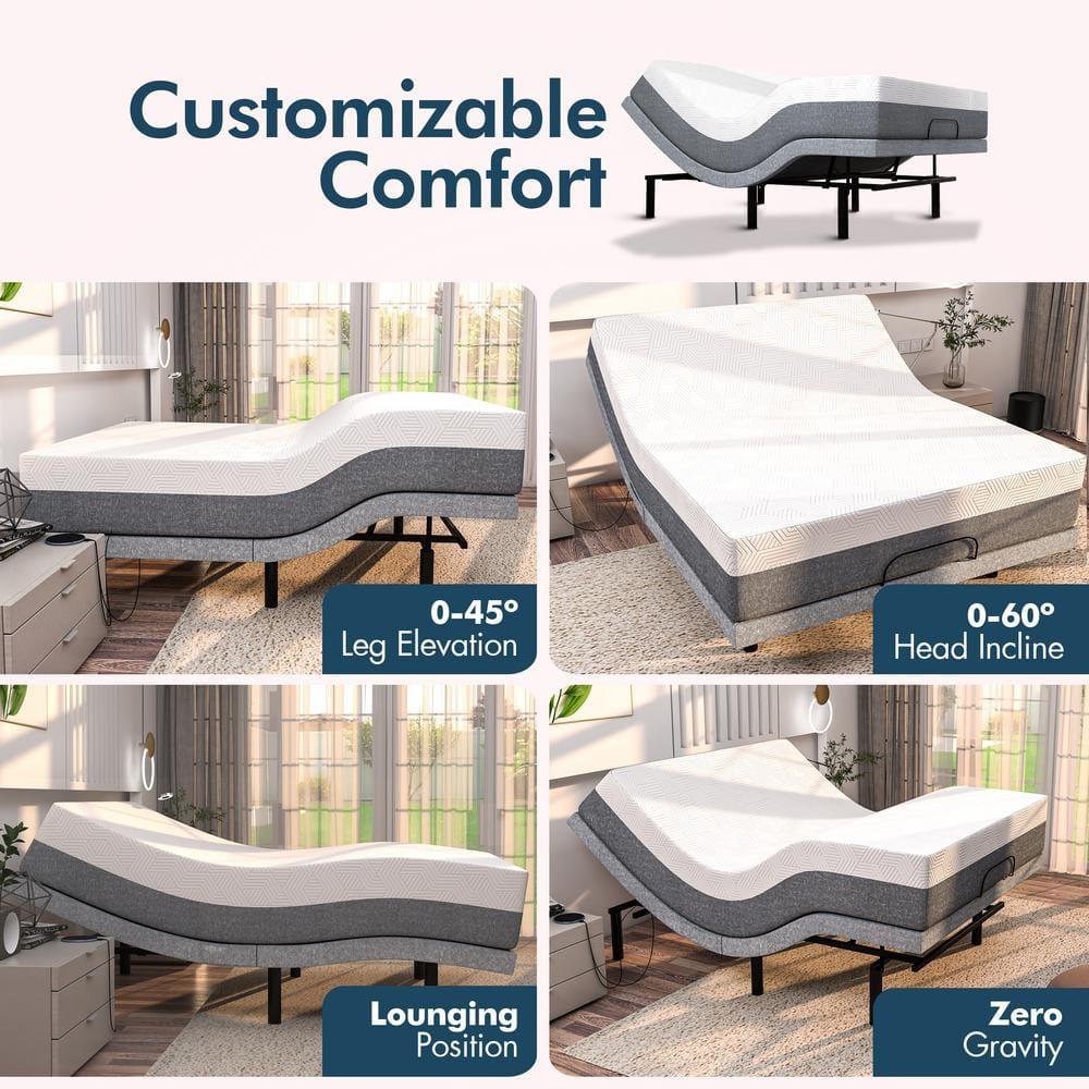 Renanim Serenityflex Adjustable Base & Hybrid Mattress – Split King-Size Adjustable Base with 12 in. Cooling Gel Mattress, Massage, USB Ports, Remote & Under-Bed Light – Reclining Electric Bed Frame