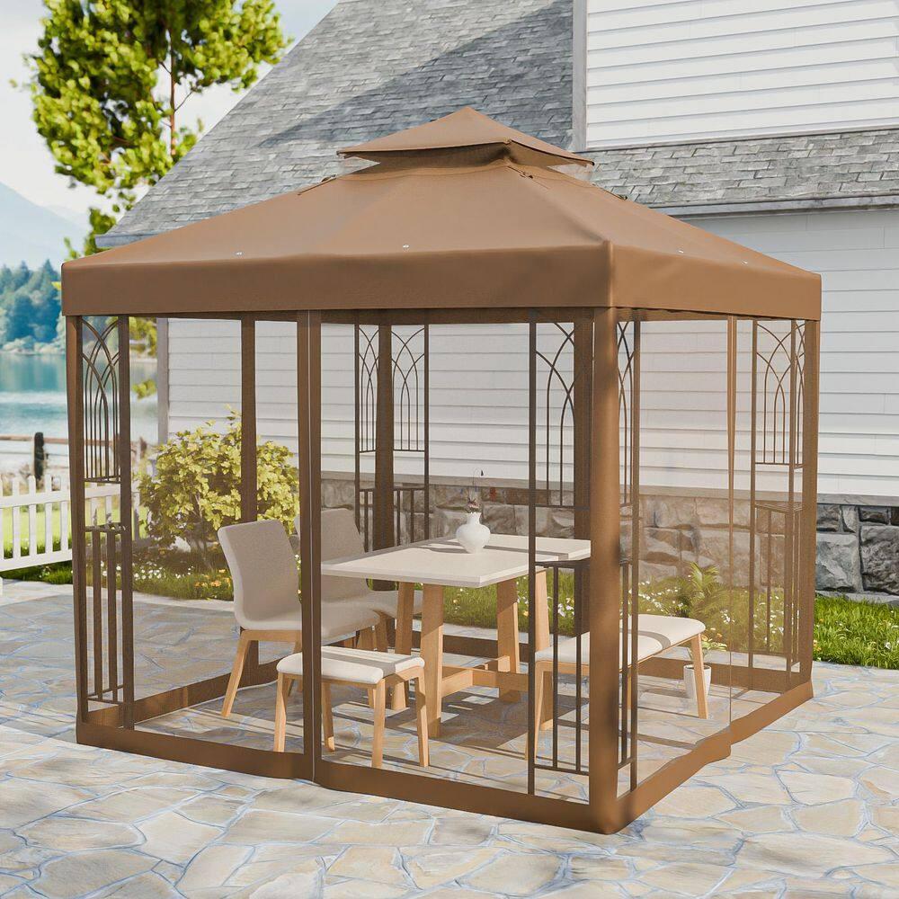 COOS BAY 8 Ft. W x 8 Ft. D Steel Frame Vented Soft Top Patio Gazebo with Mesh Netting, Corner Shelves