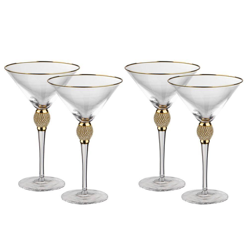 Dinewares Clear Stem Crystal Martini Glasses with Rim and Diamond-like Rhinestones, Elegant 10oz Glassware Set for Cosmopolitan Vodka, Gold Set of 4