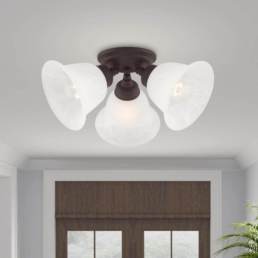 3 Light Bronze Ceiling Light fixture with White Alabaster Glass Shade