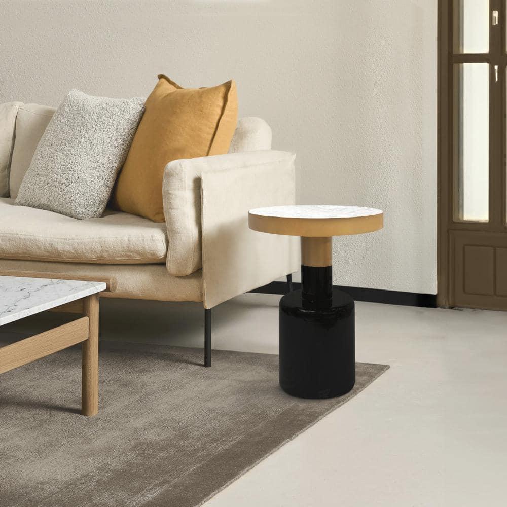 The Urban Port 20" Round Side End Table Gold Banded Natural White Marble Top Black Enamel Coated Iron Pedestal Base White/Gold