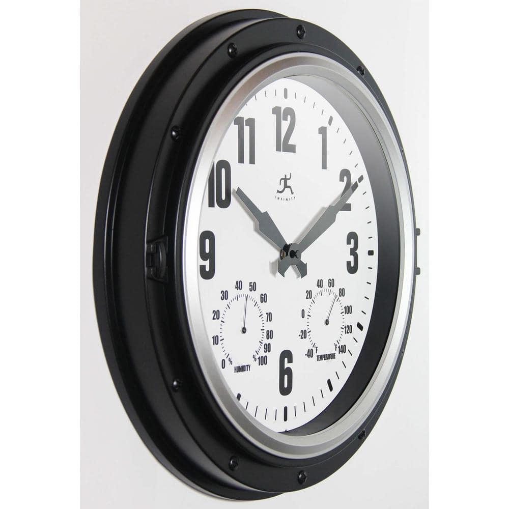 16" Forecaster Wall Clock Silver - Infinity Instruments: Modern Analog, Outdoor Use, Thermometer Feature