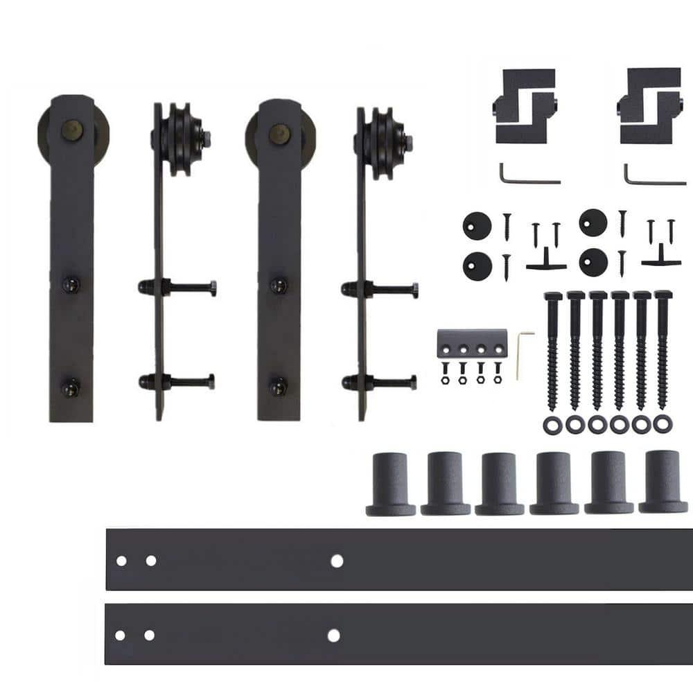 Homacer Black Rustic Sliding Barn Door Hardware Kit, for Two/Double Doors, 9ft Long Flat Track, Straight Design Roller, Heavy Duty, for Interior & Exterior Use