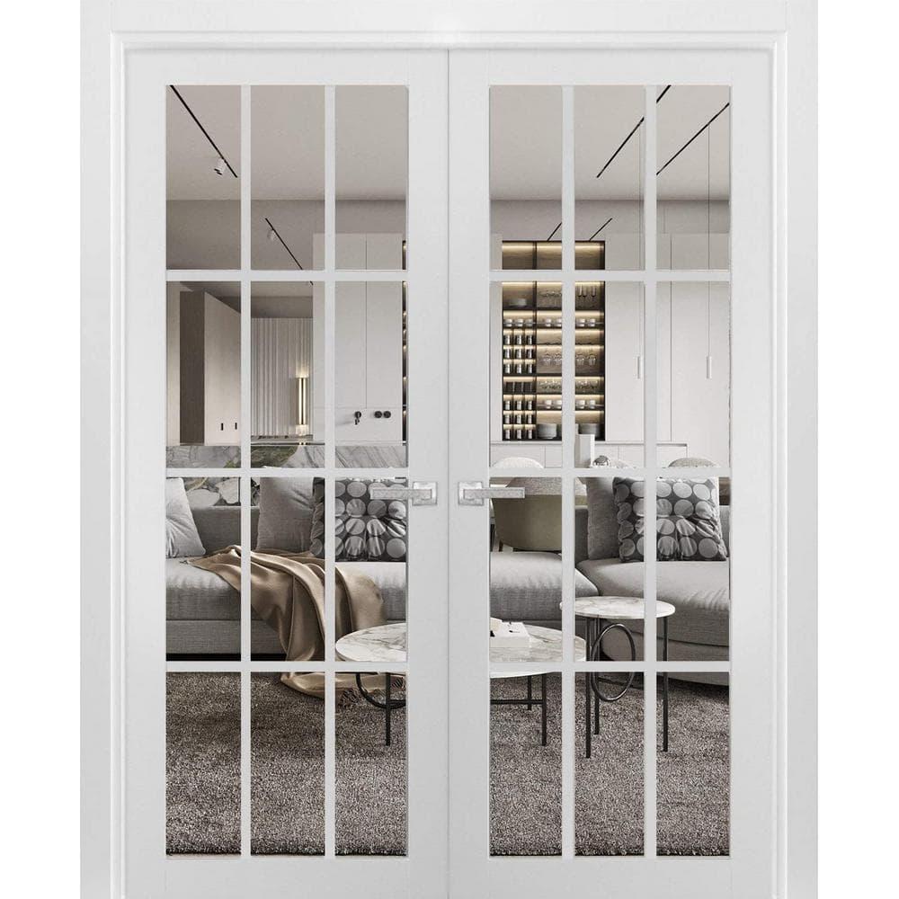 SARTODOORS Felicia Clear Glass French White Doors with Installation Hardware Kit