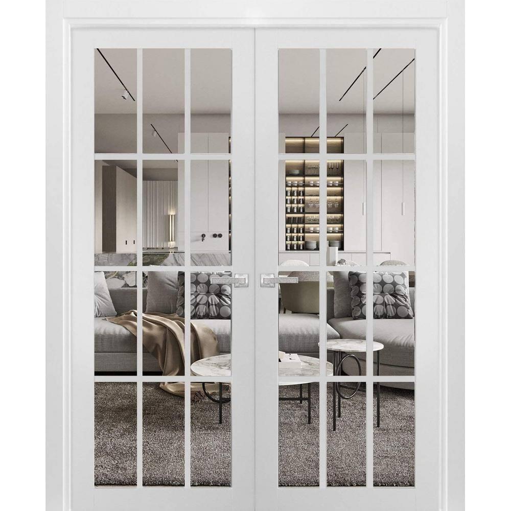 SARTODOORS Felicia Clear Glass French White Doors with Installation Hardware Kit