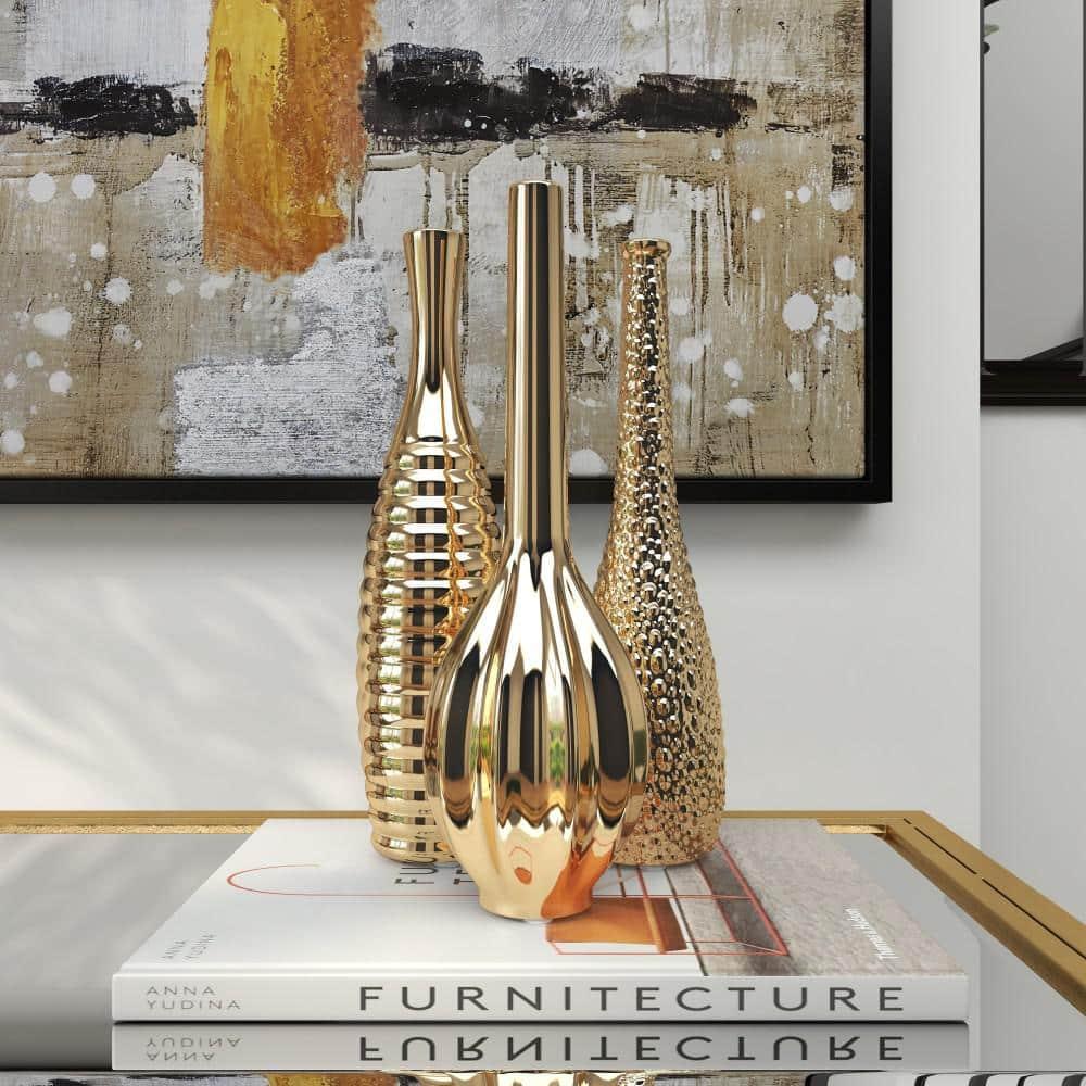 Olivia & May Decorative Ceramic Vases Gold 12" 3pk: Stoneware Novelty Containers, Spot Clean, Set of Three