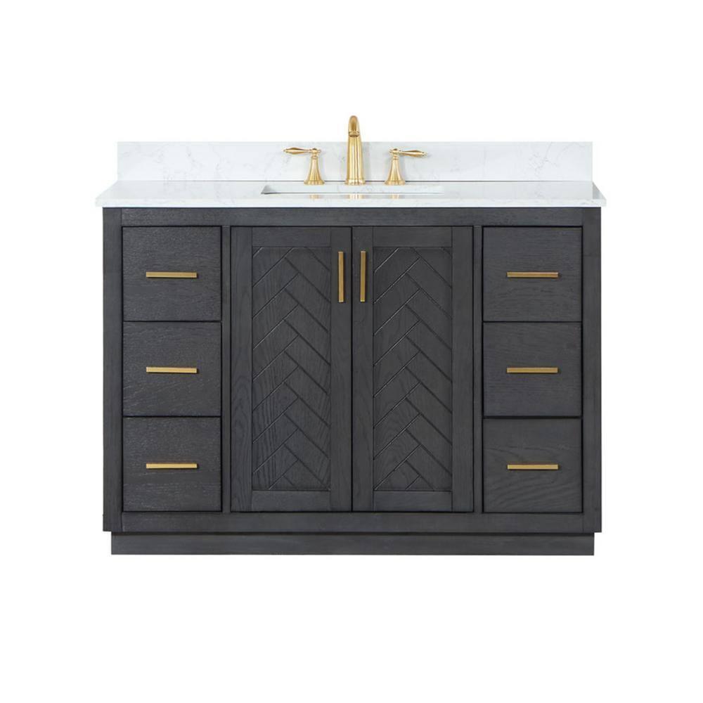 Gazsi 48" Single Bathroom Vanity Set in Brown Oak with Grain White Composite Stone Countertop without Mirror