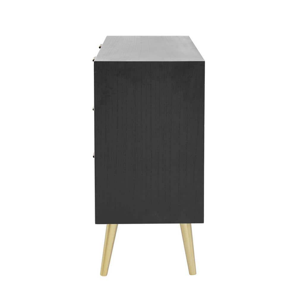 31 Inch Dresser Chest Cabinet, 3 Drawers, Woven Rattan, Modern, Black, Gold