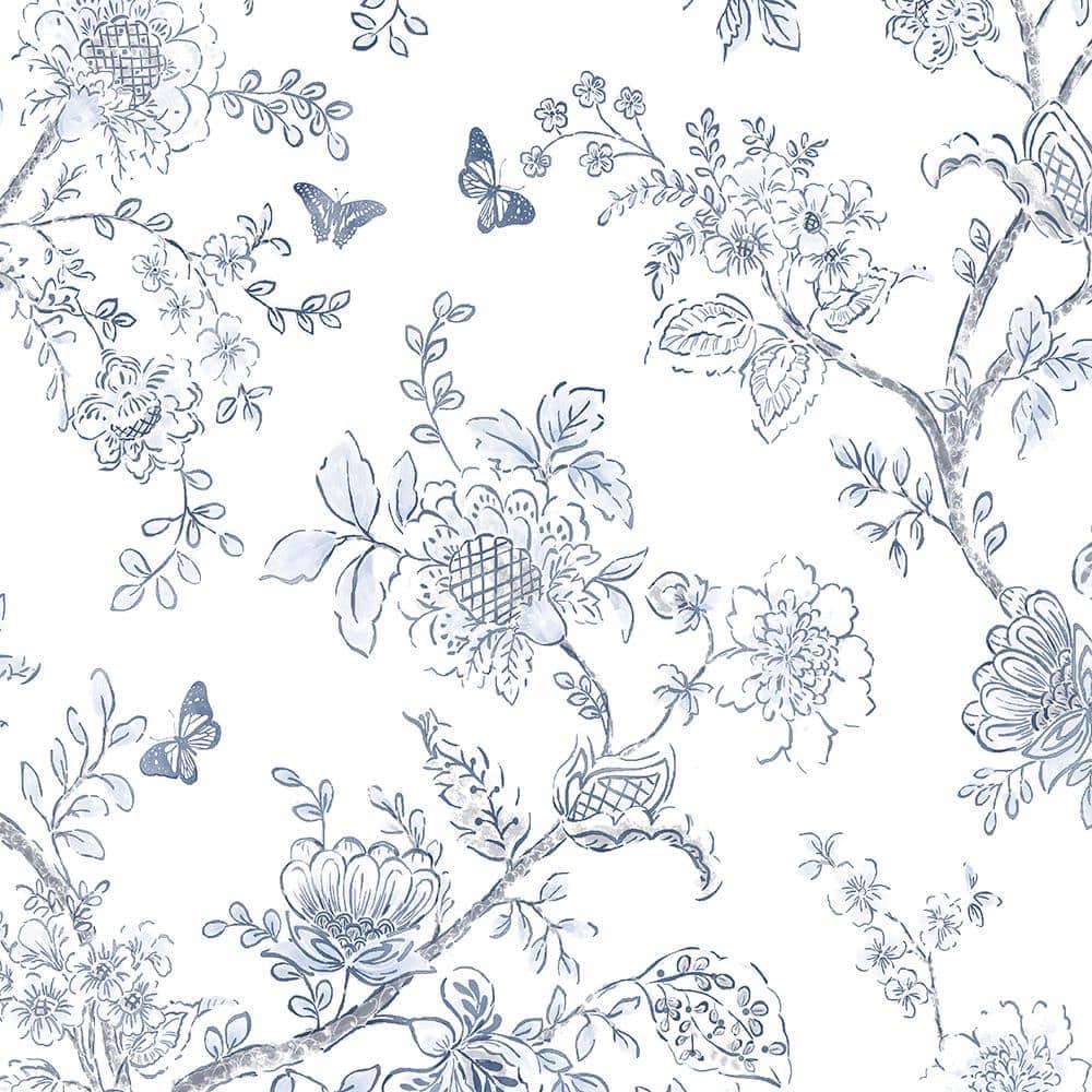 Norwall FH37539 Butterfly Toile Prepasted Light Blue Off White Neutrals Wallpaper