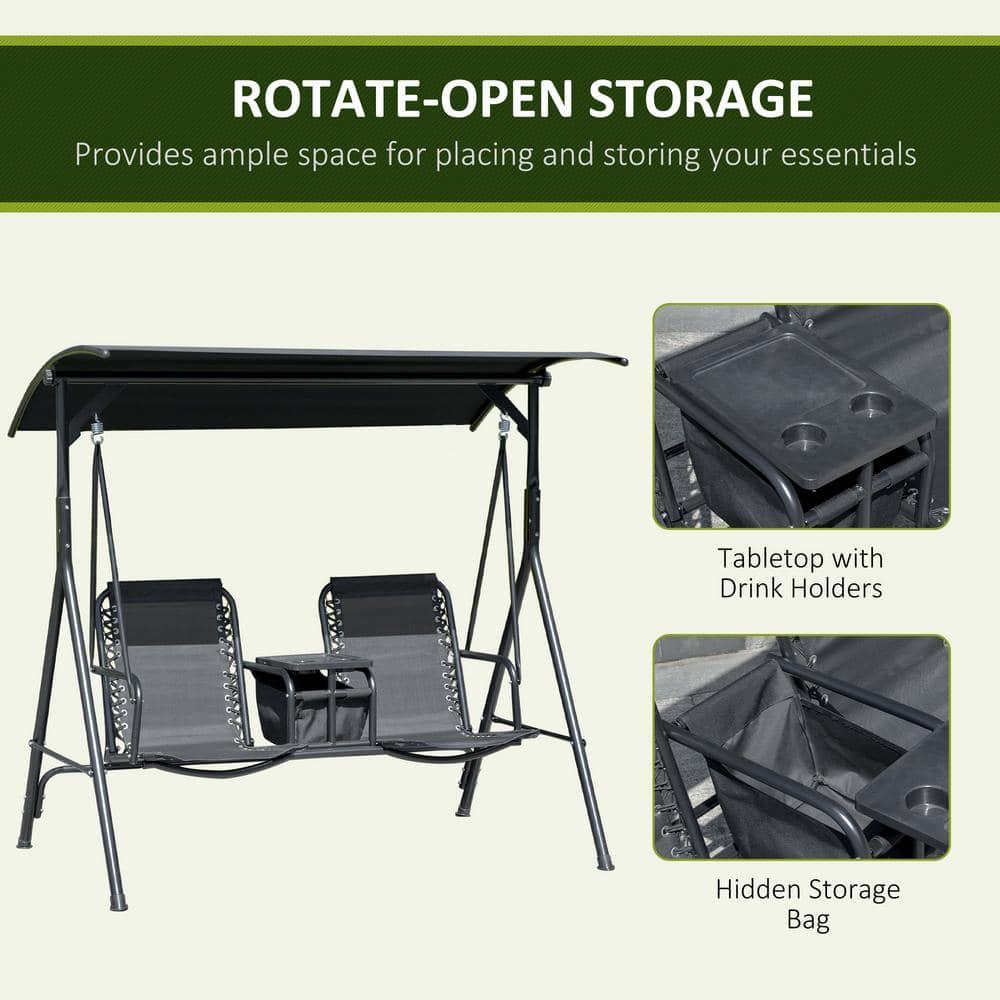 Outsunny 2 Person Porch Swing with Canopy, Covered Patio Swing with Pivot Storage Table, Cup Holder, & Adjustable Overhead Canopy, Black