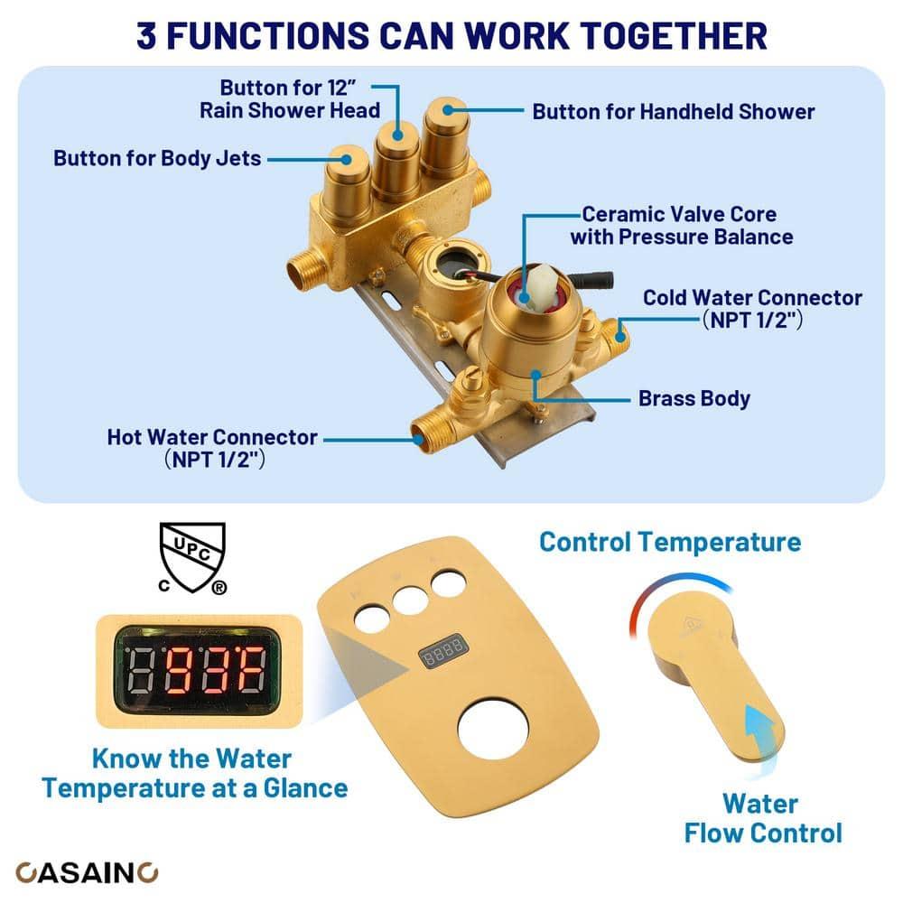 3-Function 12 Inch Temperature Digital Display Shower System With 2-Setting Slider Bar Handheld And 4Pcs Body Jets