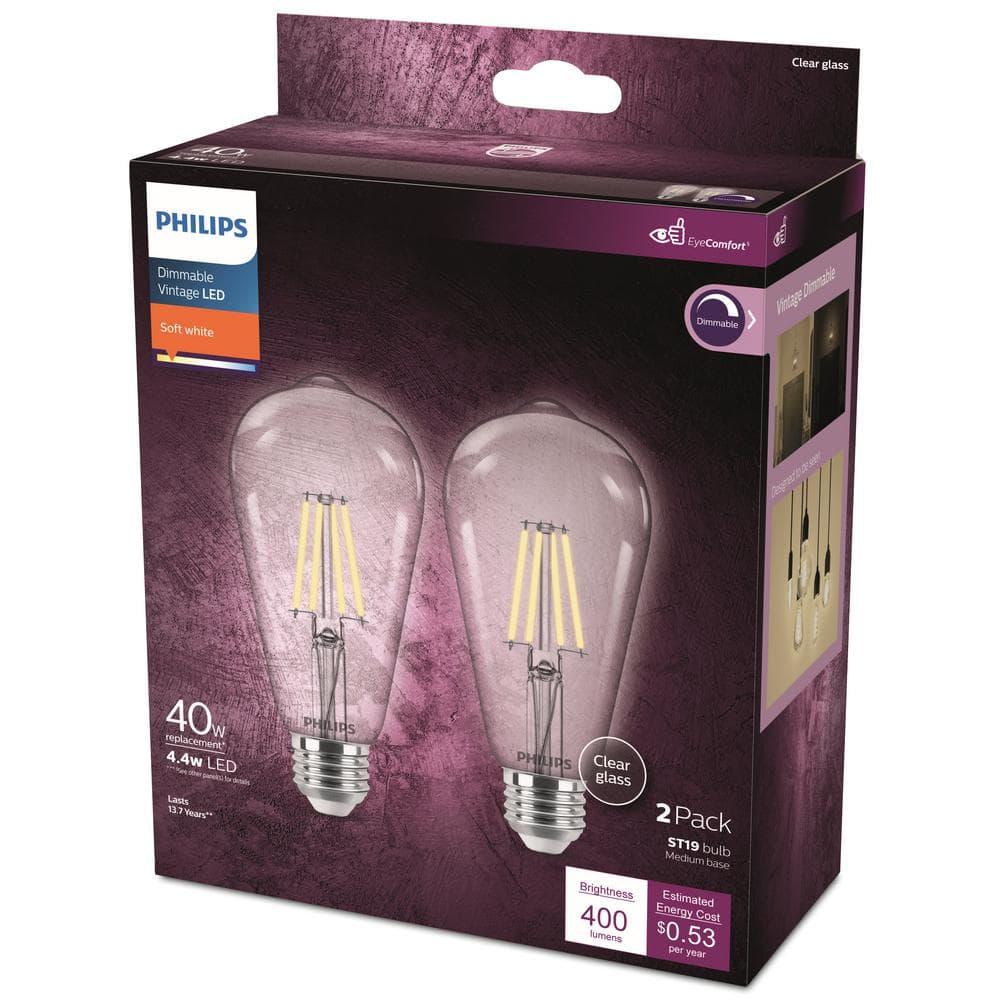 Philips LED 40W Clear ST19 Soft White: Dimmable, 400 Lumens, E26 Base, Energy Star Certified, 2-Pack