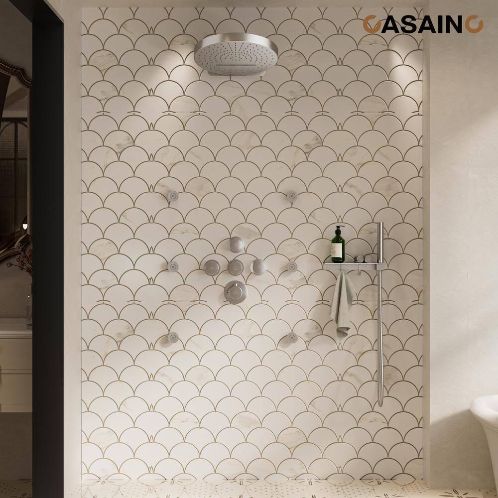 Rainfall Thermostatic Shower System with Body Jets, 2-Sprays Shower Head and a Shelf