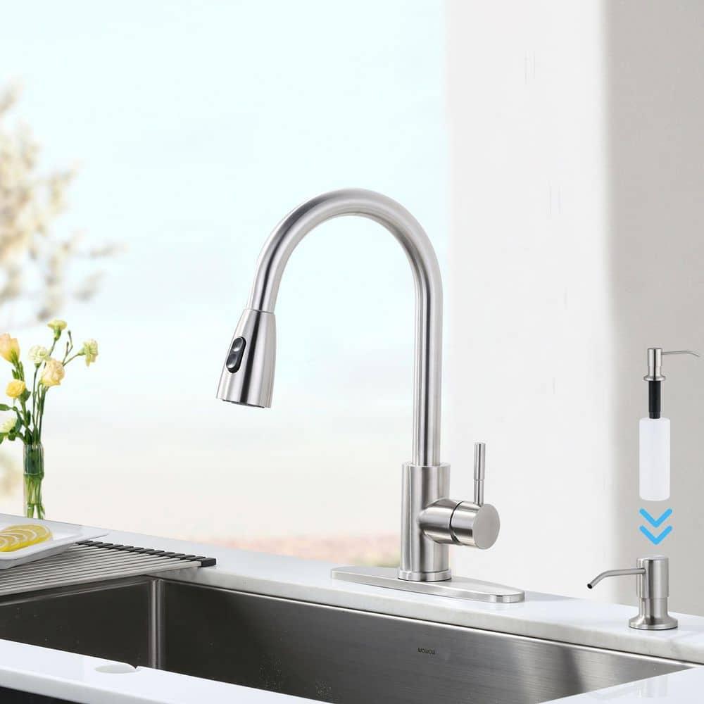 FORIOUS Brushed Nickel Soap Dispenser for Kitchen Sink with 500ML/18OZ Bottle, Lotion Dispenser Built in Refill from The Top for Countertop Sink