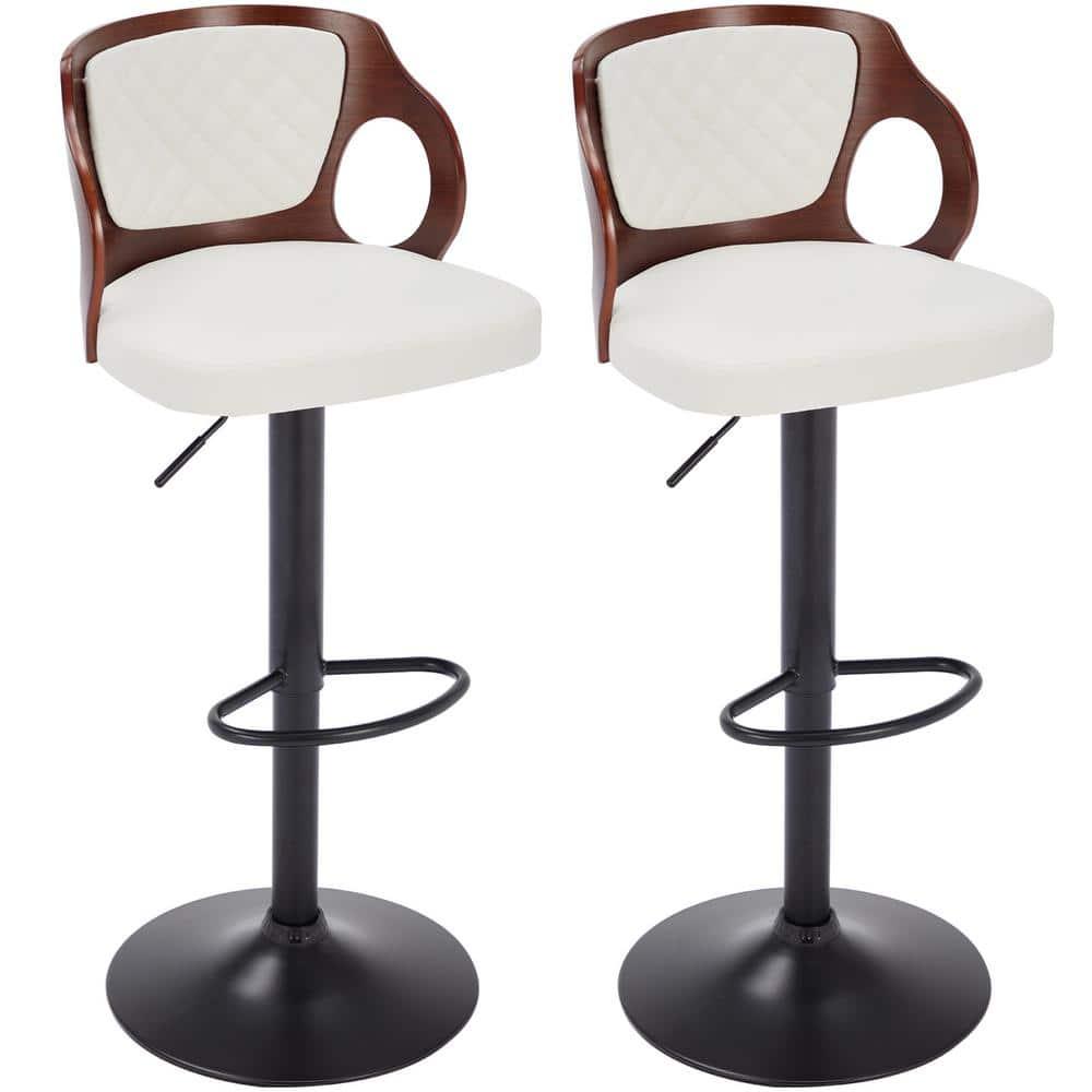 ECOTOUGE Swivel Bar Stools Set of 2, Height Adjustable Island Stools with Bentwood Back, Faux Leather Counter Height Bar Stools for Kitchen, Pub and Cafe, White