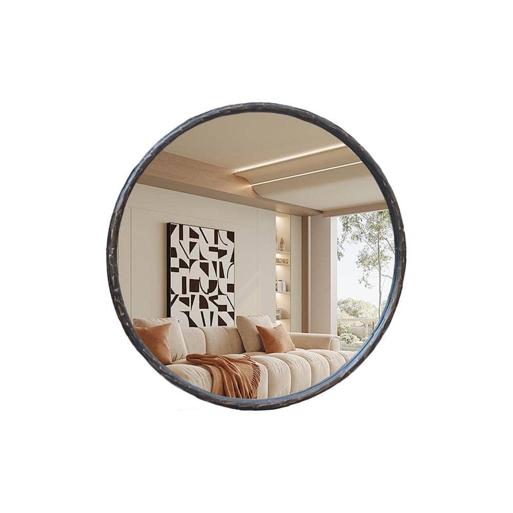 Parisloft 31.8" Antique Black Round Metal Wall Mirror with Tempered Glass, Circle Wall Mirror for Bathroom Vanity, Entryway Living Room