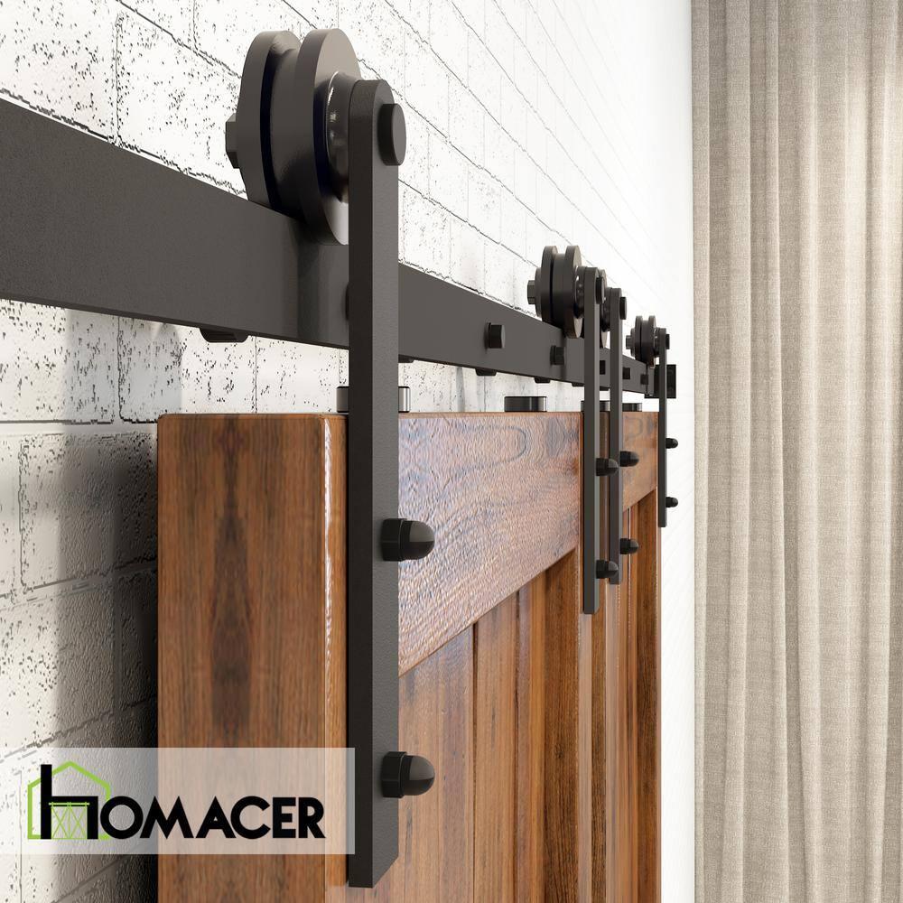Homacer Black Rustic Sliding Barn Door Hardware Kit, for Two/Double Doors, 9ft Long Flat Track, Straight Design Roller, Heavy Duty, for Interior & Exterior Use