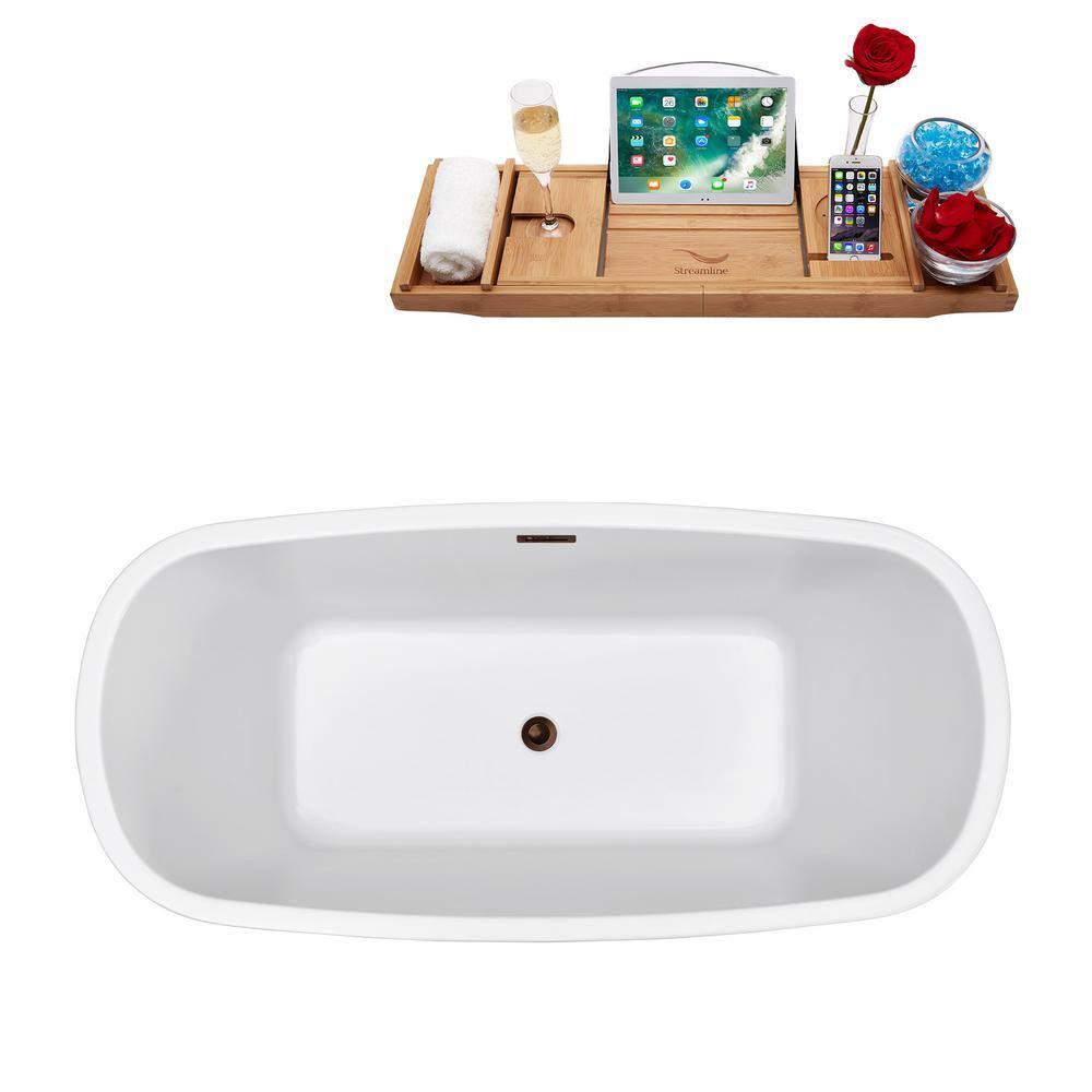Streamline Bath 60" Streamline Freestanding Soaking Acrylic Bathtub With Drain and Bamboo Tray N240BNK