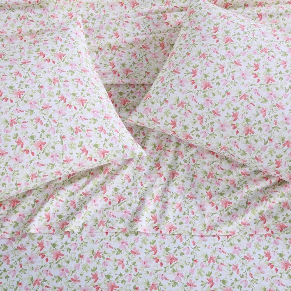 Laura Ashley Norella 100% Cotton Percale- 4 Piece- Sheet Set  Pink- Full