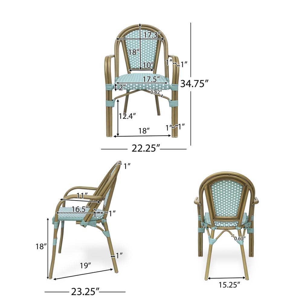 Cecil Aluminum and Wicker Outdoor French Bistro Chairs, Set of 2, Light Teal, White, and Wood Print