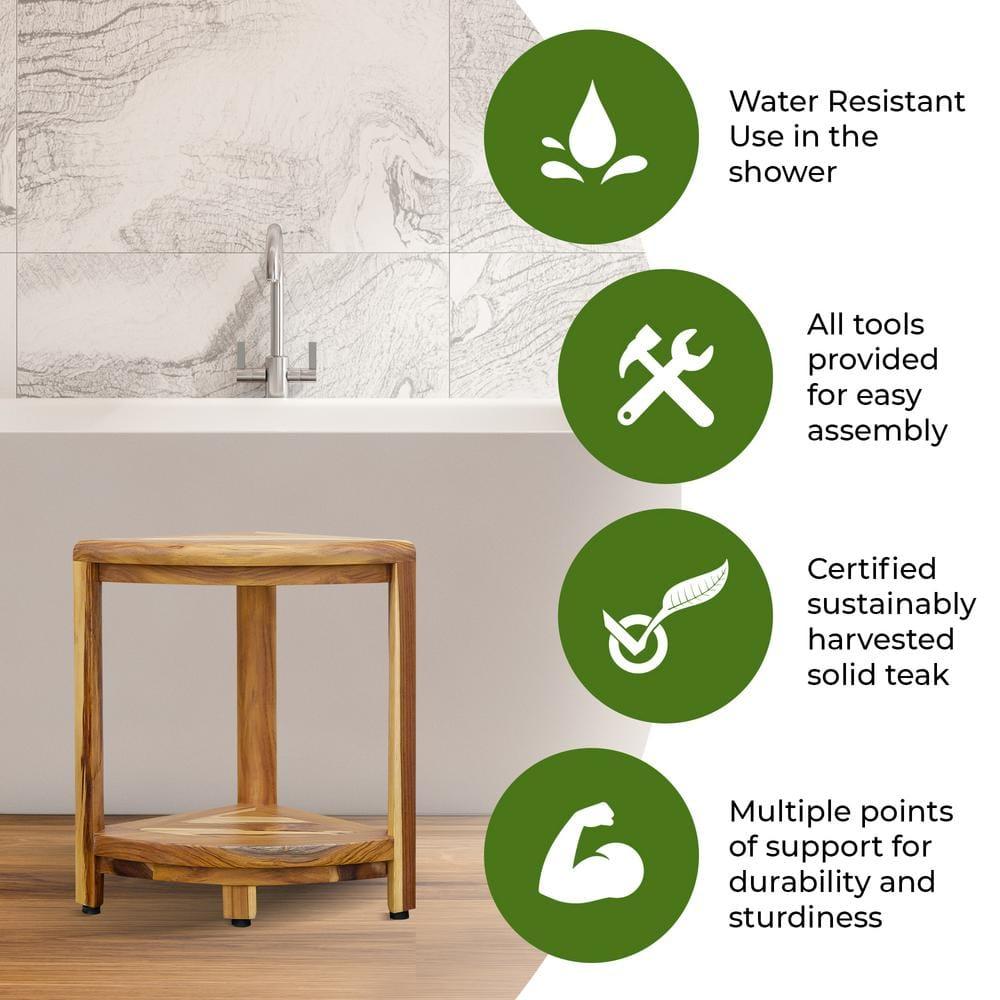 12" SnazzyCorner ED980 Wide Teak Shower Bench with Shelf - EcoDecors