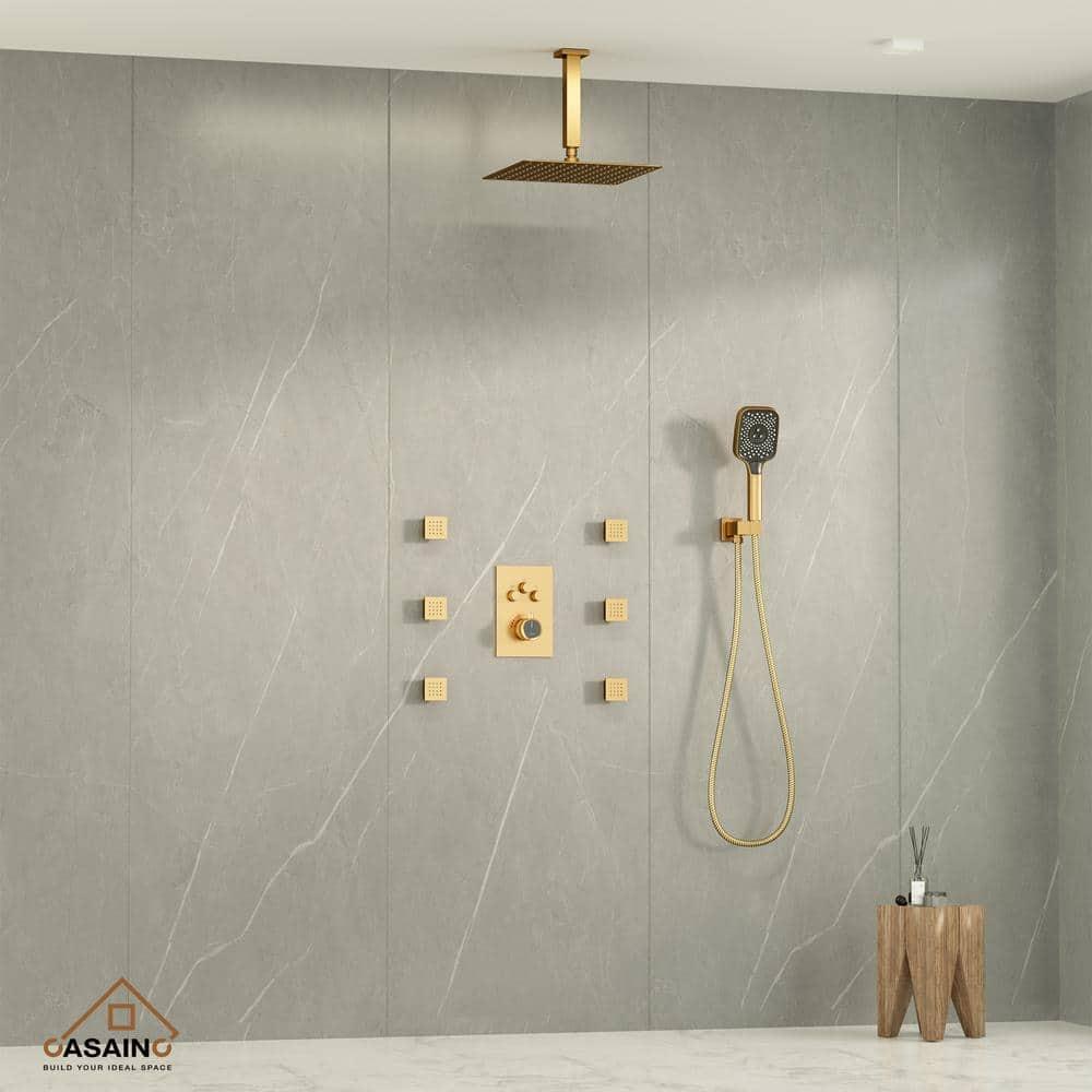 CASAINC CS6221-12BG Revitalize 3-Function 12 Inch Ceiling Mount Rainfall Thermostatic Shower System with 6 Body Jets