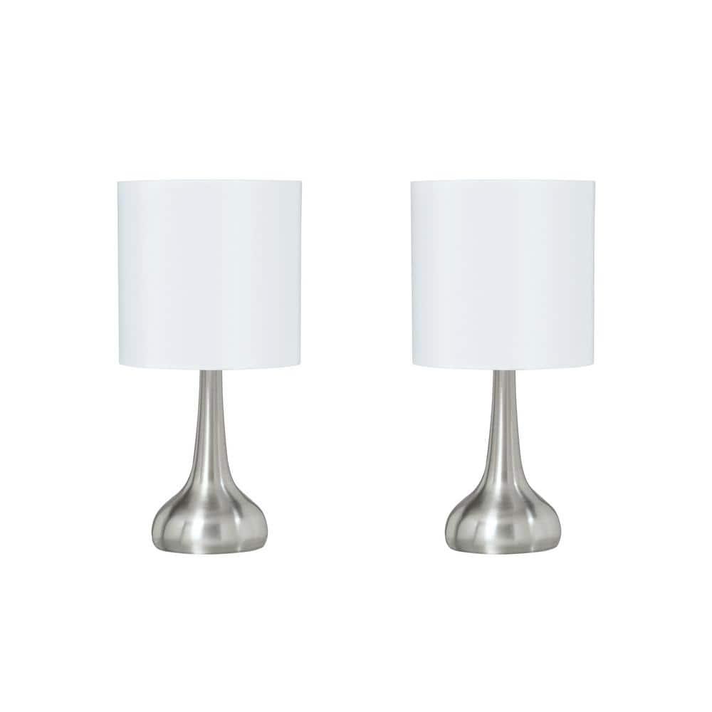 Aspen Creative 40231-12, Two Pack - 14-1/2" High Transitional Metal Table Lamp, Satin Nickel Finish and Drum Shaped Lamp Shade in Off White, 7" Wide