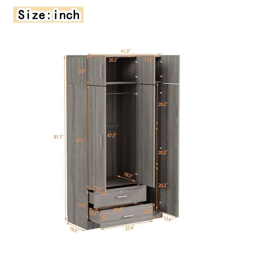 Gray 41.3 in. 3-Door Wooden Wardrobe Armoire with Mirror, 2-Drawers, Shelves, a Hanging Rod, Top Cabinet