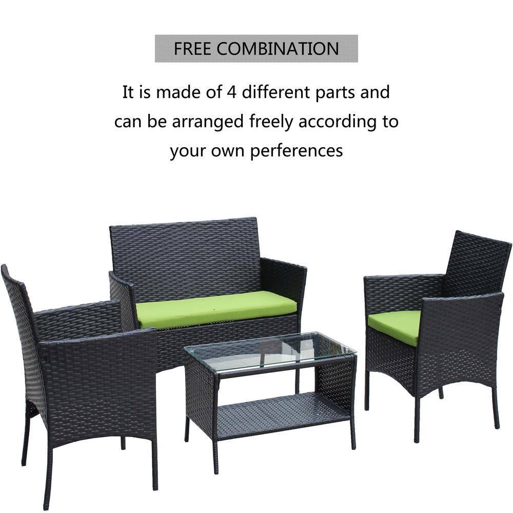 Seizeen Outdoor Patio Conversation Set, 4 Pieces Rattan Patio Set with Cushion, Patio Deck Yard Furniture Sofa Set, New Outdoor Coffee Table & Chairs, Green Cushion and Black Rattan