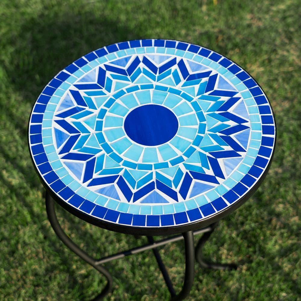 Outdoor Patio Side Table Round Ceramic Tile End Table Blue