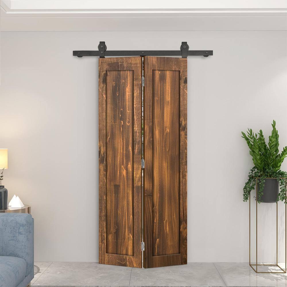 Calhome 1 Panel Shaker Pine Wood Bi-Fold Door with Sliding Barn Door Hardware Kit