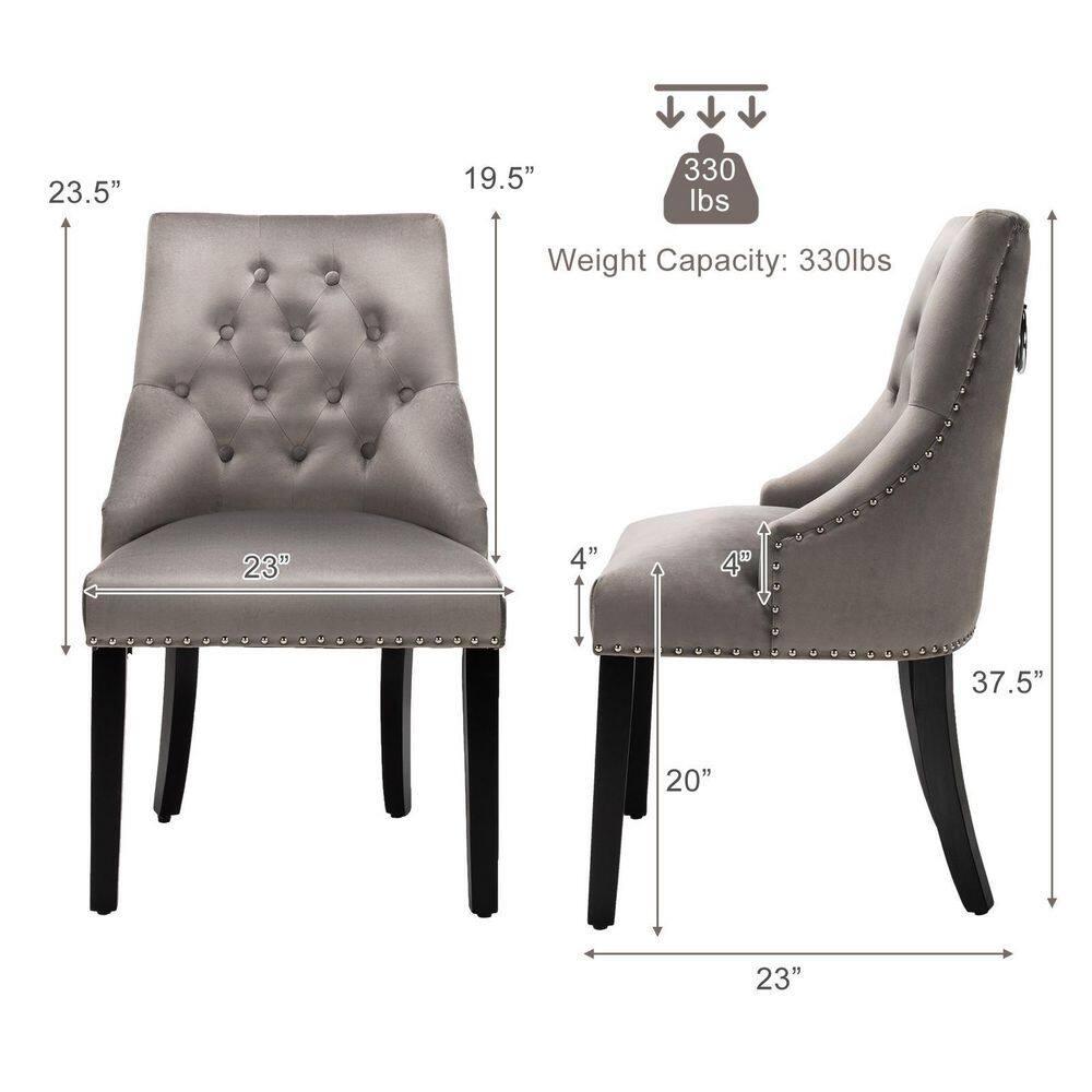 Velvet Dining Chair Upholstered Tufted Armless w/ Nailed Trim & Ring Pull Grey