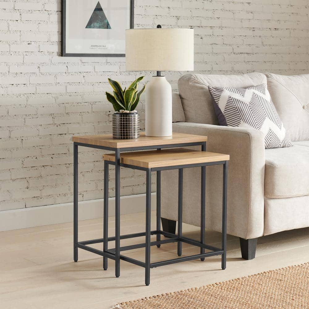 Lavish Home Set of 2 Modern Nesting Tables, End Tables for Living Room with Oak-Finished Top and Sturdy Metal Base